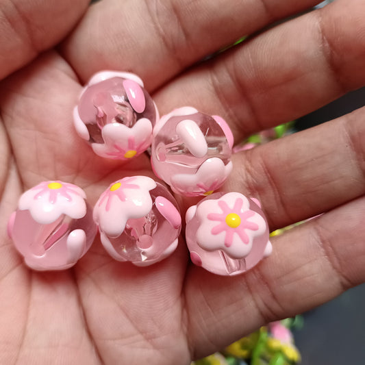 Hand Painted Flower Acrylic Beads 16mm Transparent Round 100pcs 2