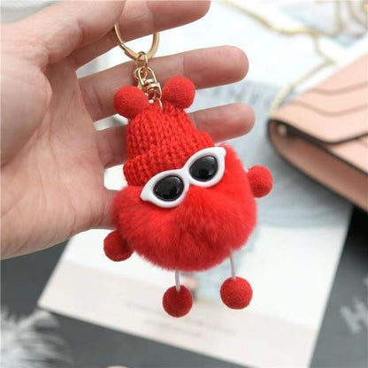 Fluffy Pom Pom Monster Doll Keychain with Sunglasses and Knitted Hat 9