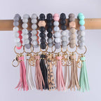 Silicone Beaded Wristlet Keychain with Leather PU Tassel in Pastel Colors