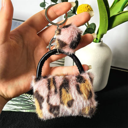 Leopard Print Plush Pom Pom Bag Keychain Soft Fluffy Animal Print 2pcs 11
