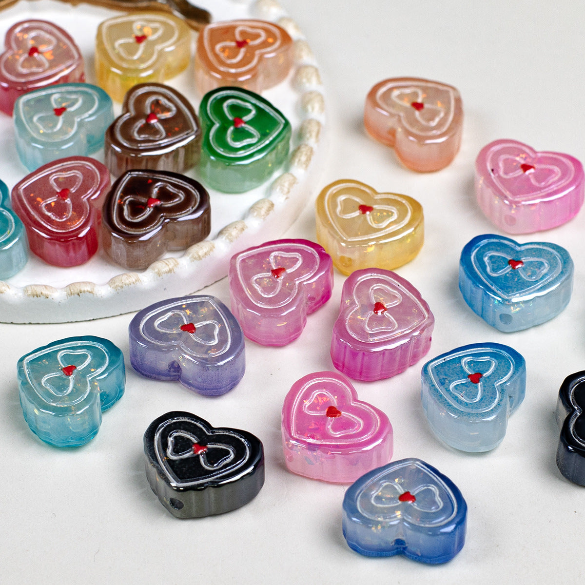 Bow Pattern Heart Resin Beads 20mm Colorful Mixed 10pcs 2