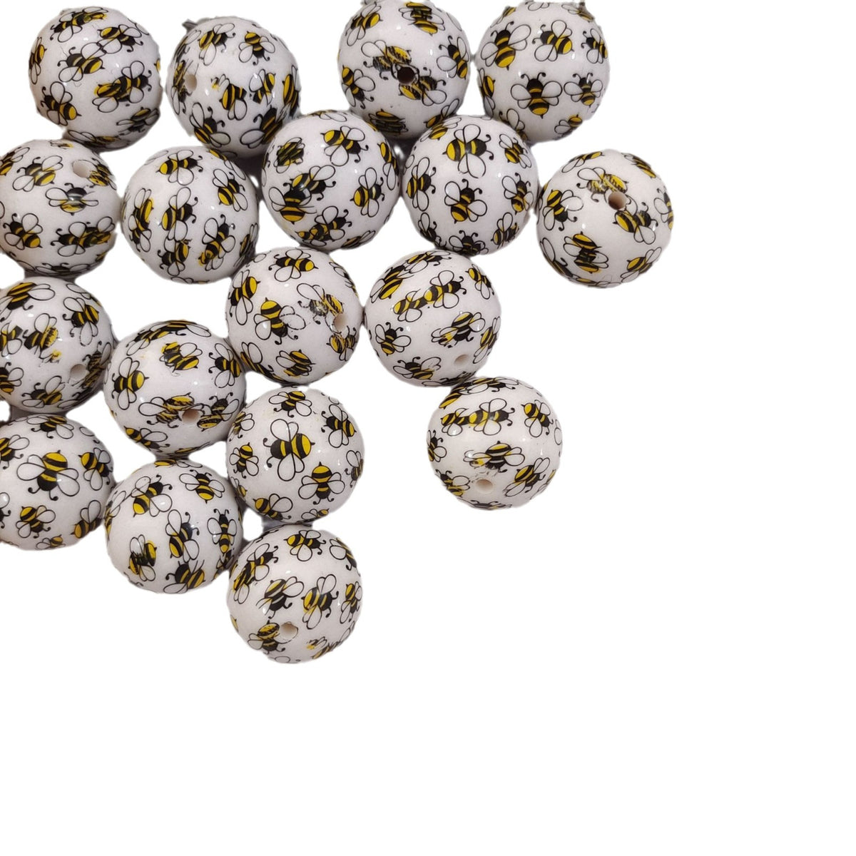 Printed Bubblegum Beads 20mm Adorable Bee Pattern White 10pcs 4