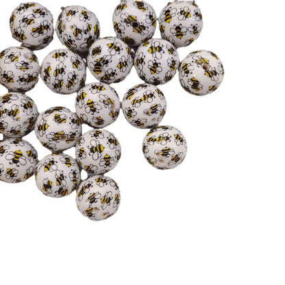 Printed Bubblegum Beads 20mm Adorable Bee Pattern White 10pcs 4