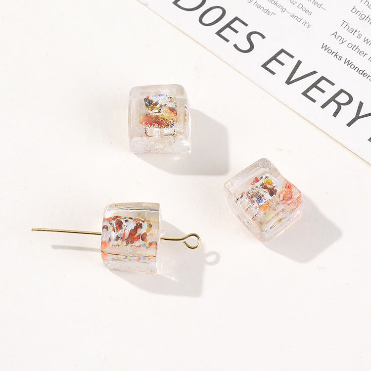 Lampwork Glass Beads Cube 10mm Silver Foil Confetti 4pcs 7