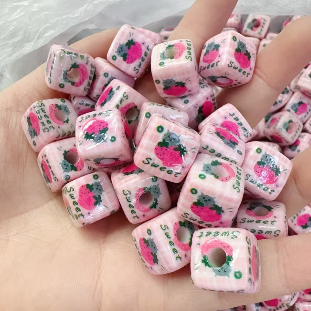 Pink Strawberry Printed Acrylic Square Beads 14mm 50pcs 6