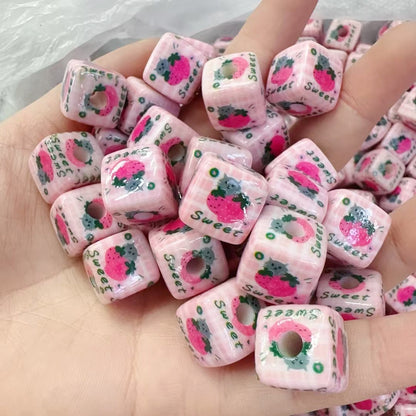 Pink Strawberry Printed Acrylic Square Beads 14mm 50pcs 6