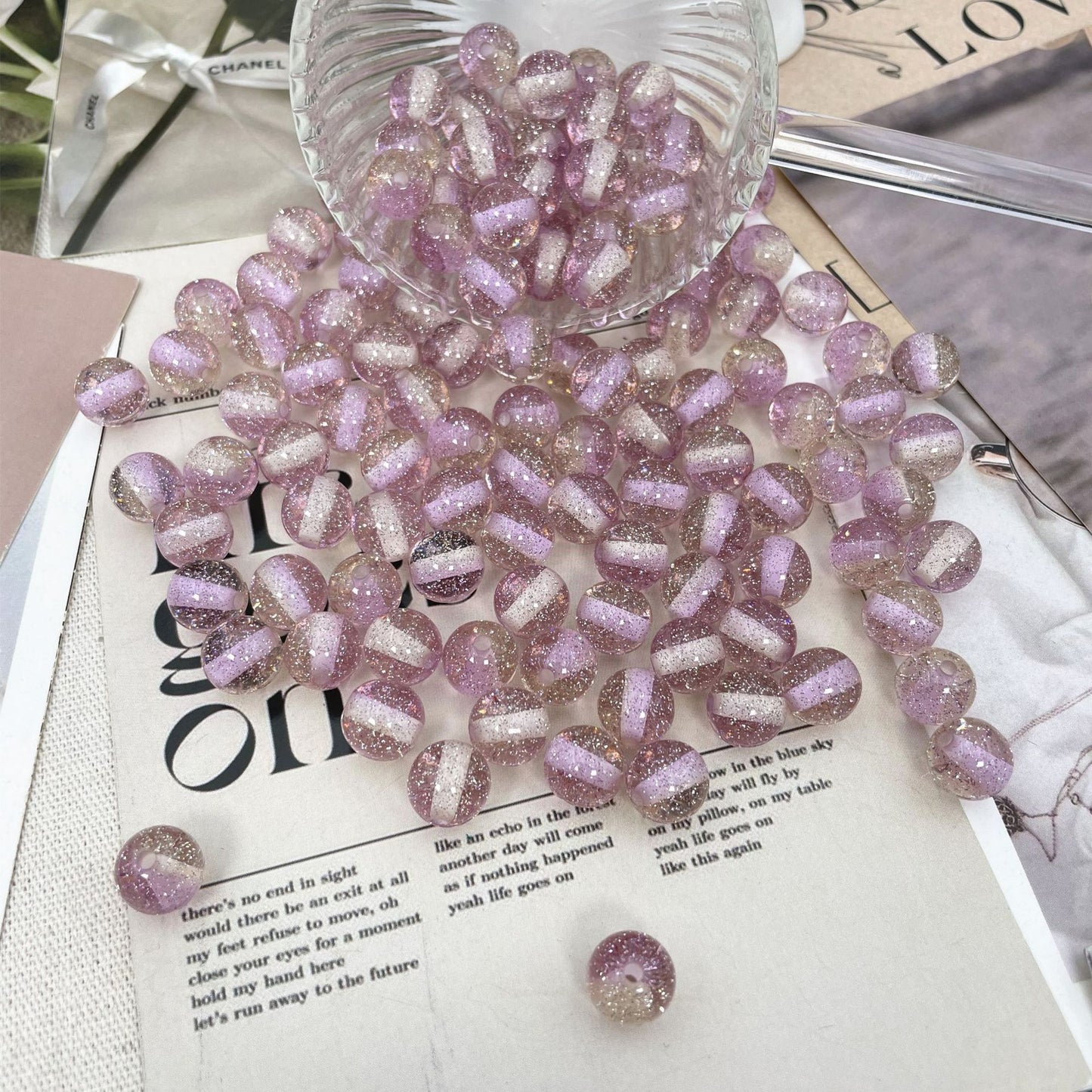 Transparent Glitter Powder Striped Resin Beads 8-10mm Mixed Colors 50pcs 7
