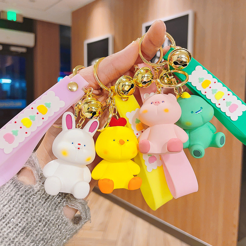 Cartoon Resin Animal Keychain Piglet Dinosaur with Fruit Strap and Bell 2