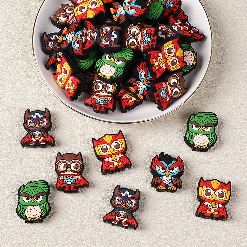 Silicone Focal Beads Owl Super Hero Wearing Mask and Cape 20pcs