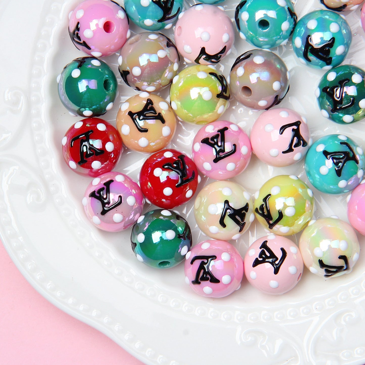 Hand Painted Cat Claw Strawberry Series Acrylic Beads 16mm 10pcs 23