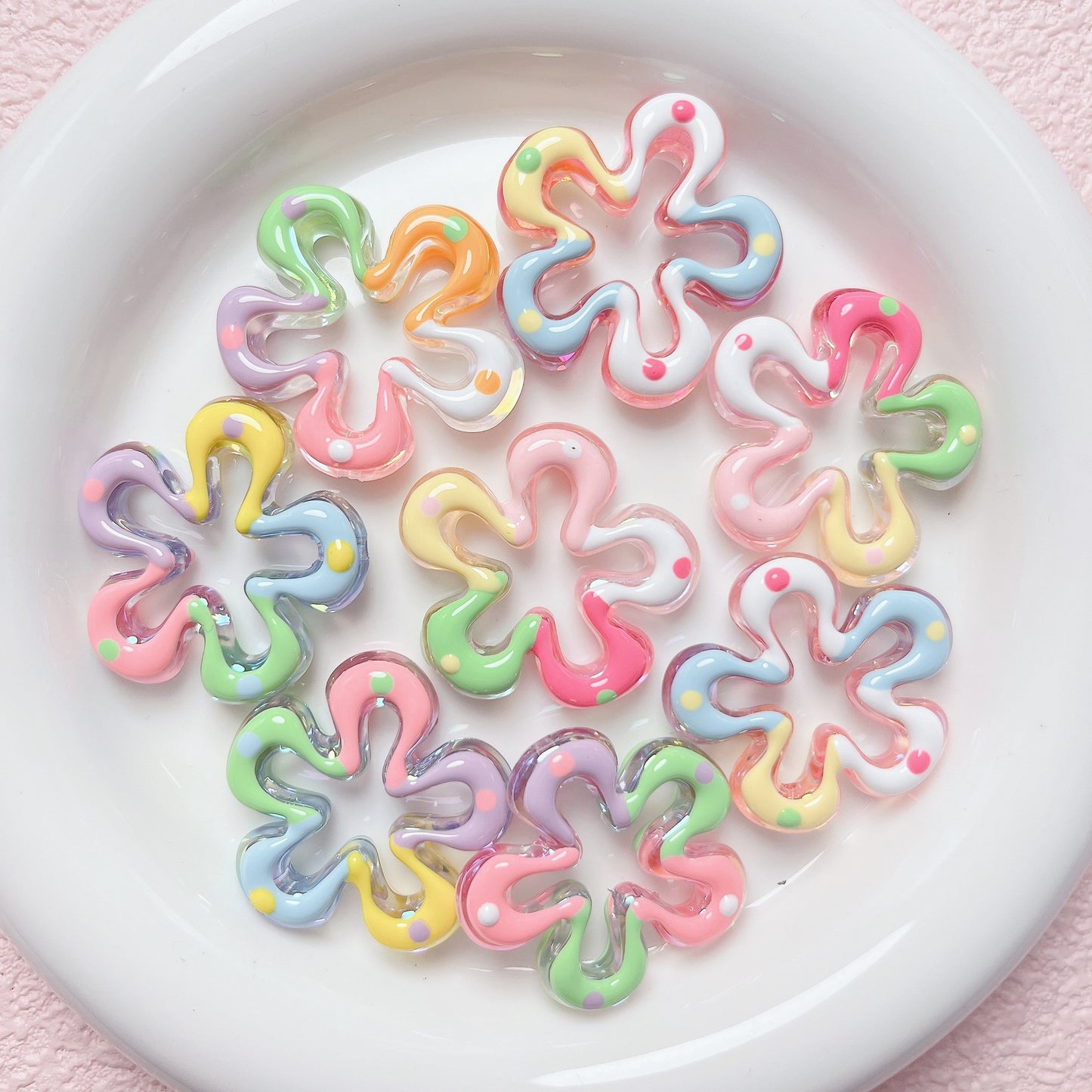 Hand Painted Flower Acrylic Beads 34mm Pastel Wave Dot 5pcs 7