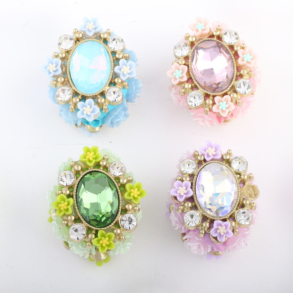 Vintage Flower Wrapped Clay Beads 28mm Oval Rhinestone 2pcs 4