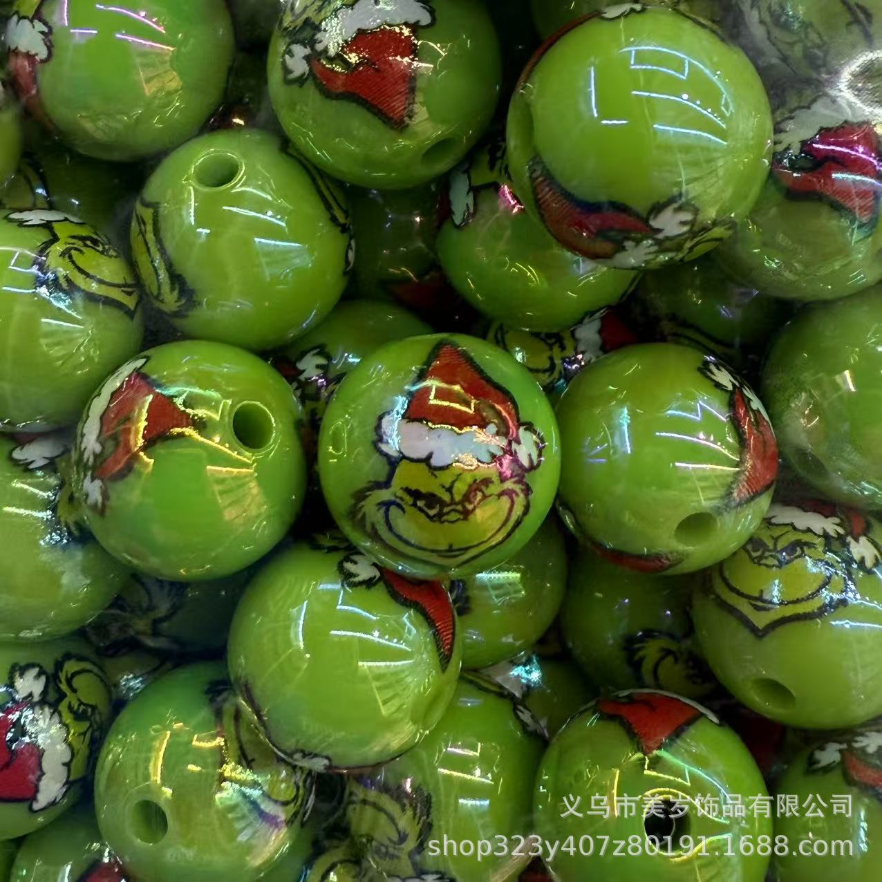 UV Plating Round Acrylic Beads 16mm Christmas Grinch 100pcs 7