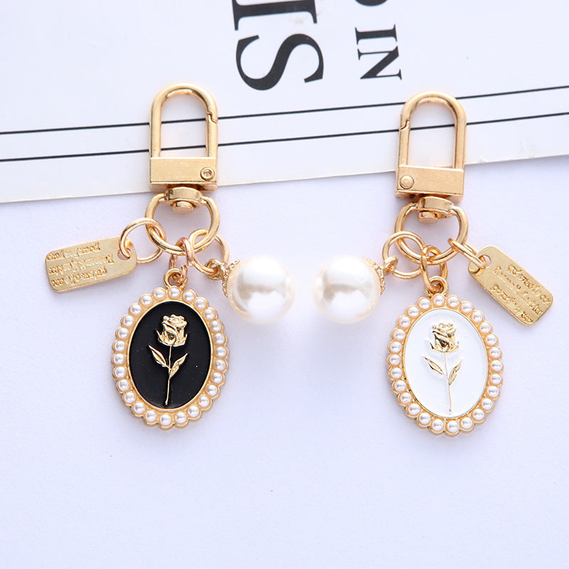 Vintage Gold Rose Pearl Keychain Zinc Alloy Black White