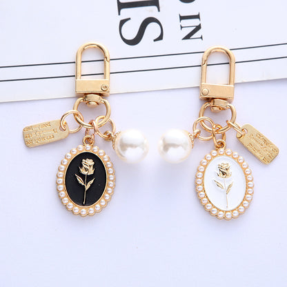 Vintage Gold Rose Pearl Keychain Zinc Alloy Black White
