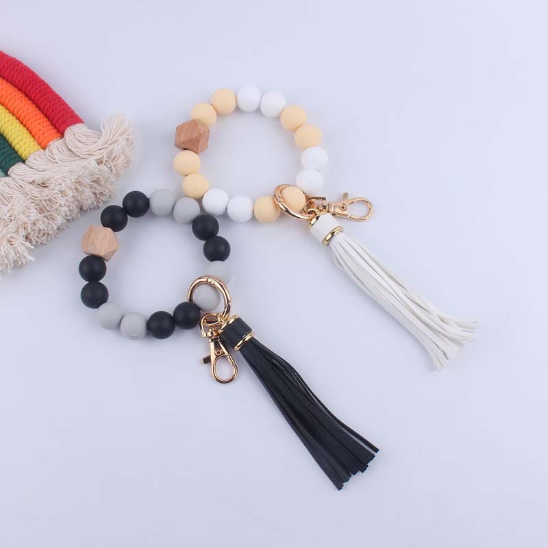 Silicone Beaded Wristlet Keychain with Leather Tassel and Octagonal Wood Accent 3