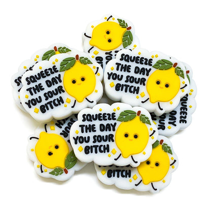 Silicone Focal Beads Lemon Character With Squeeze The Day Text 20pcs 2