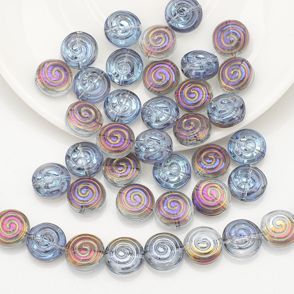 Electroplated Flat Spiral Glass Beads 12mm Metallic Iridescent 30pcs 12