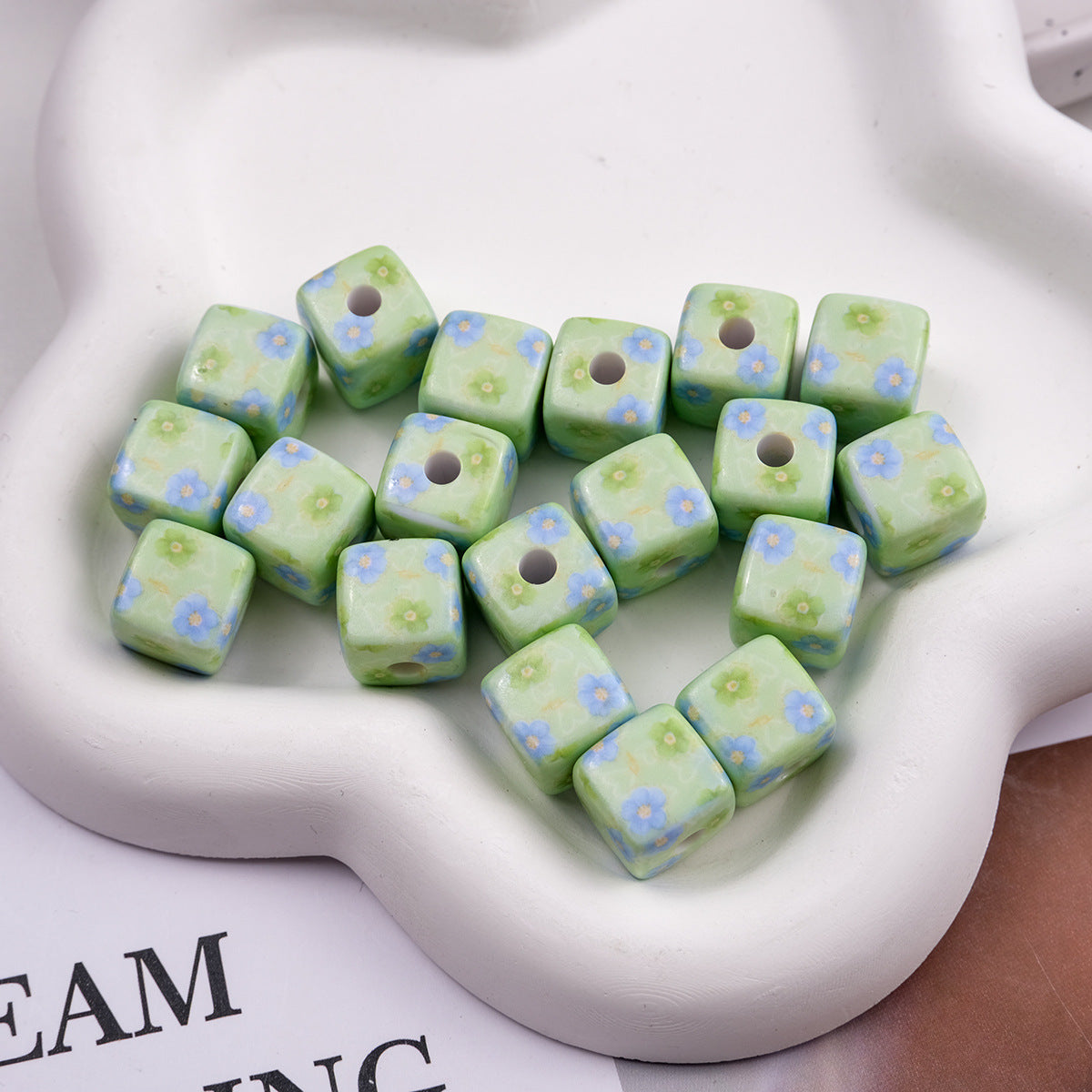 Vintage Spring Floral Plaid Square Acrylic Beads 13mm 50pcs 13