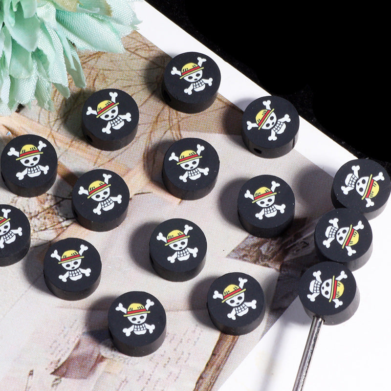 Flat Clay Beads 10mm Black Skull Crossbones Design 200pcs 6