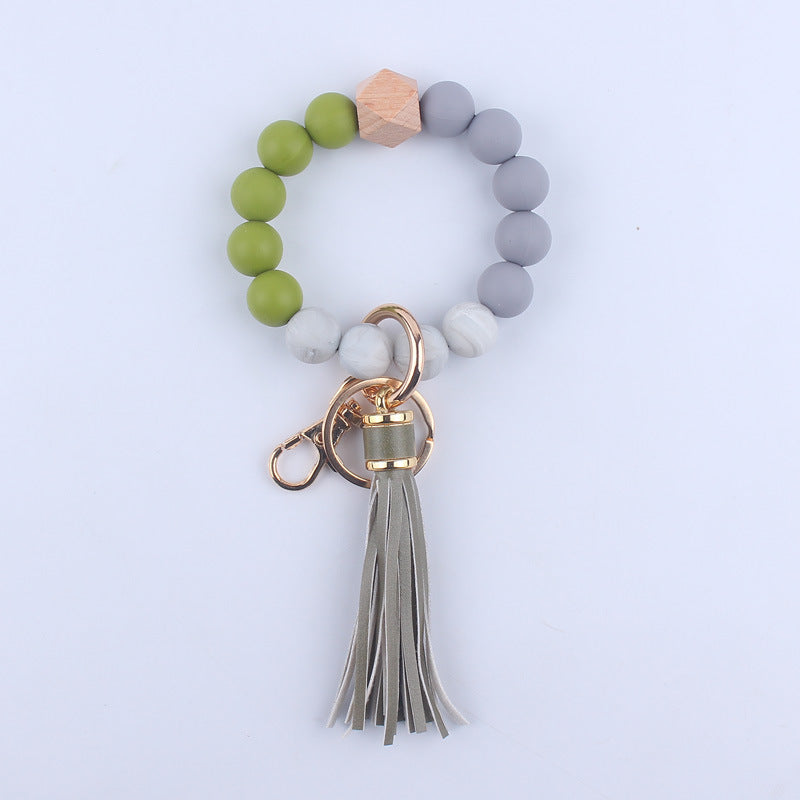 PU Leather Tassel Silicone Bead Wristlet Keychain Colorful Animal Print 15