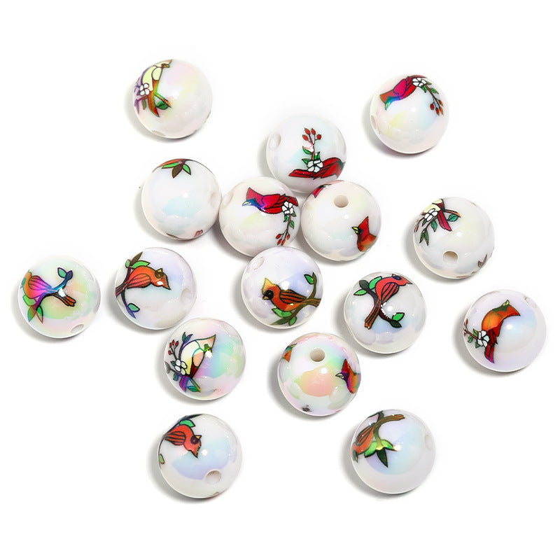 UV Plating Woodpecker Printed Acrylic Beads 16mm Round 50pcs 6