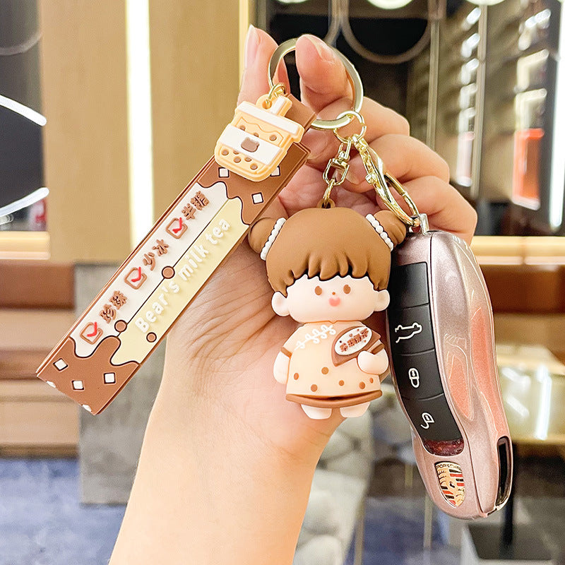 Silicone Cartoon Couple Keychain Bubble Tea Bear Charm with Strap 3