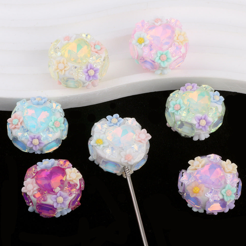 Polymer Clay Heart Rhinestone Beads 25mm Flat Shimmer 6pcs 5