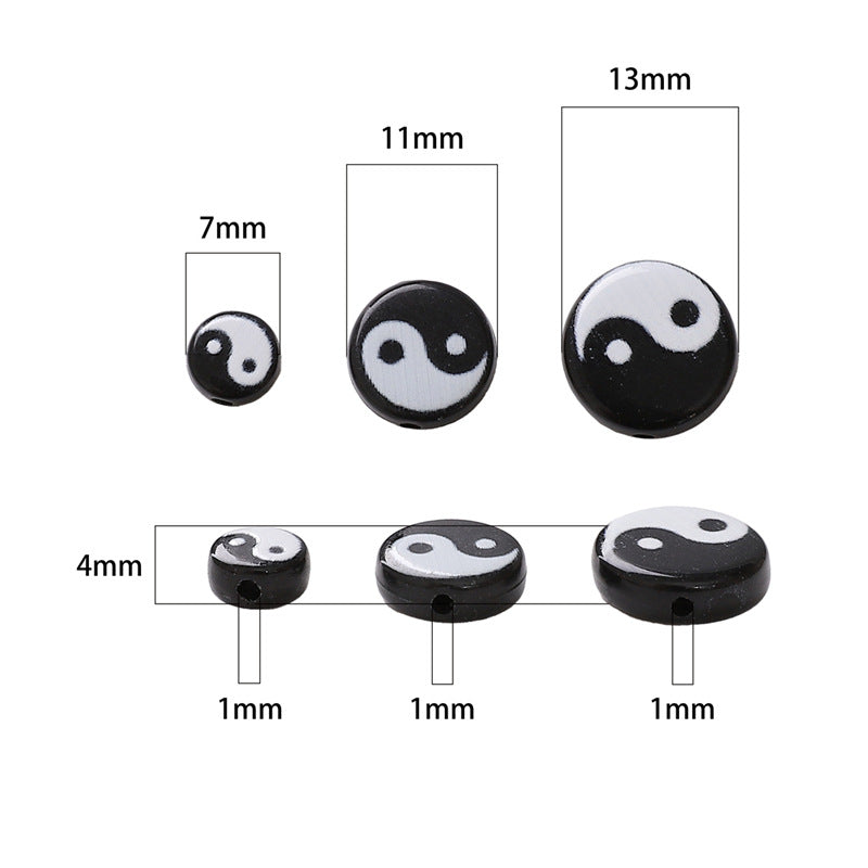 Tai Chi Flat Acrylic Beads 7-13mm Black White Color Printing 5pcs 2