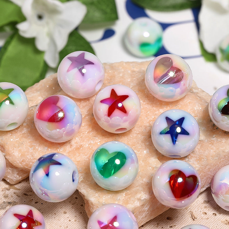 Plating Heart Star Acrylic Beads 16mm Milk White Printed 50pcs