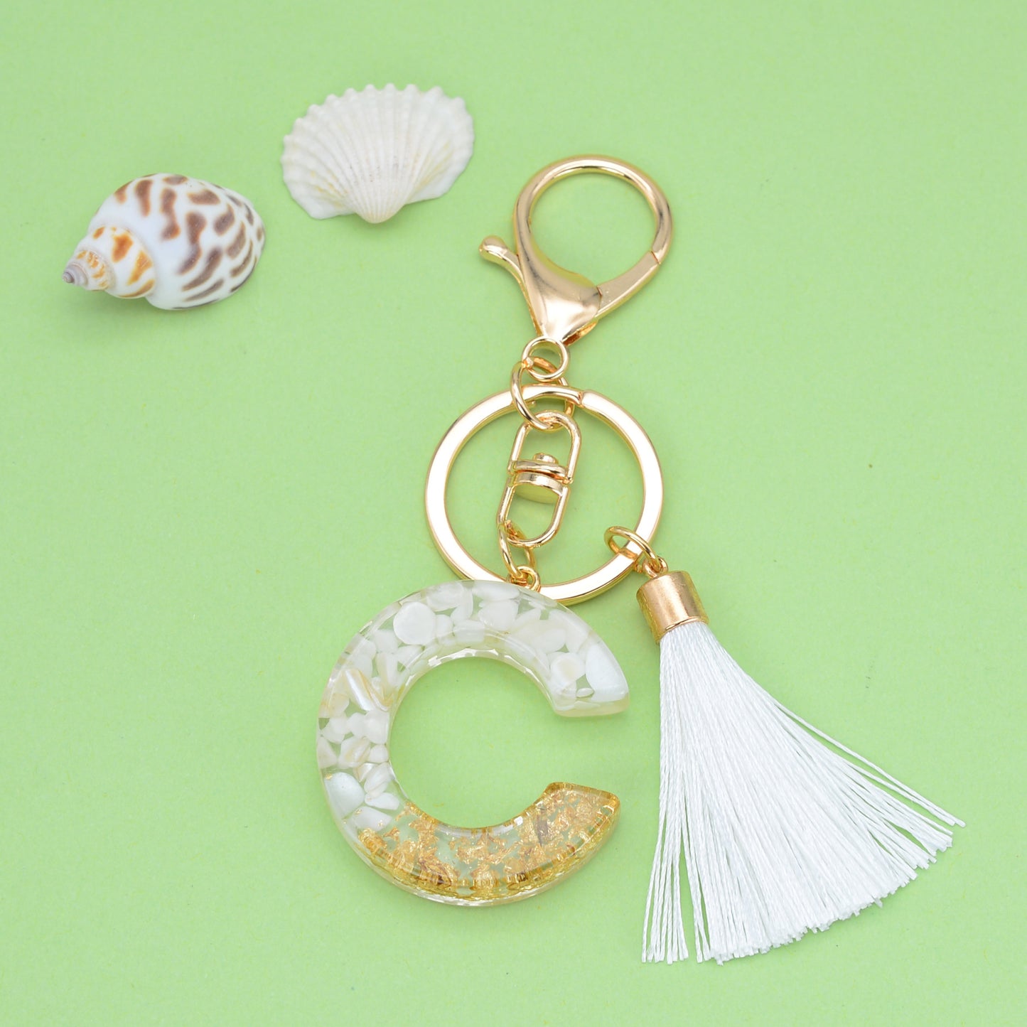 Tassel Letter A Keychain Resin Gold Flakes White Tassel 32