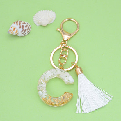 Tassel Letter A Keychain Resin Gold Flakes White Tassel 32