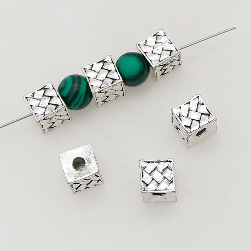 Square Metal Beads 7.5mm Woven Pattern Antique Silver Tone 1pc