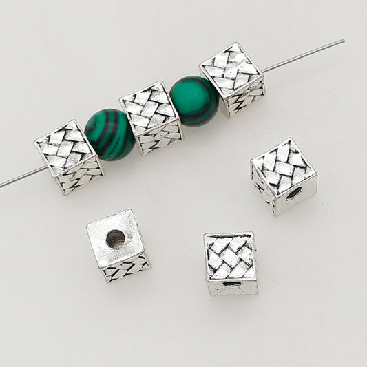 Square Metal Beads 7.5mm Woven Pattern Antique Silver Tone 1pc