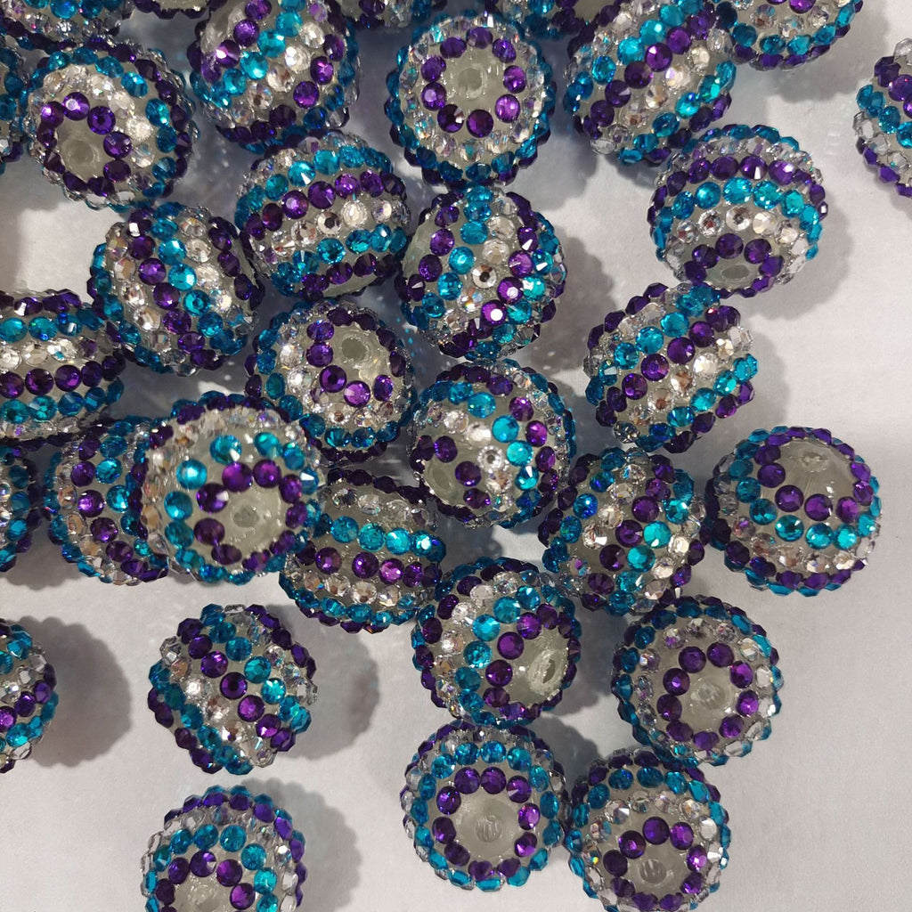 Striped Bubblegum Beads 16-22mm Blue Purple White Rhinestone 5pcs 2