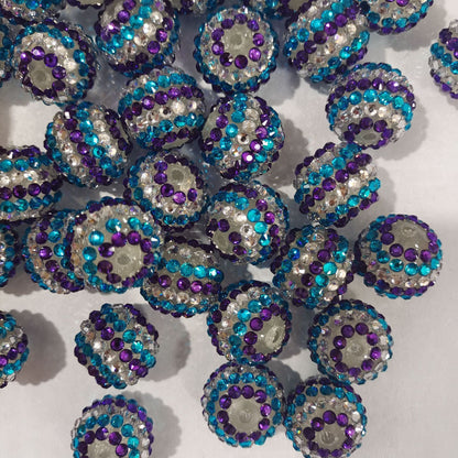 Striped Bubblegum Beads 16-22mm Blue Purple White Rhinestone 5pcs 2