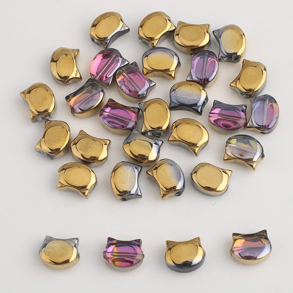 Plating Flat Cat Head Glass Beads 8mm x 10mm Iridescent Colors 30pcs 15