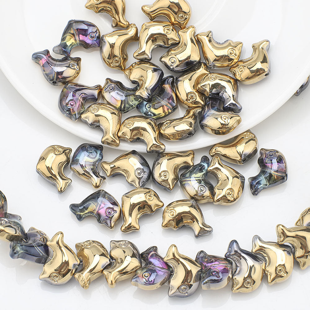 Plating 3D Dolphin Glass Beads 11x16mm Iridescent Colors 30pcs 11