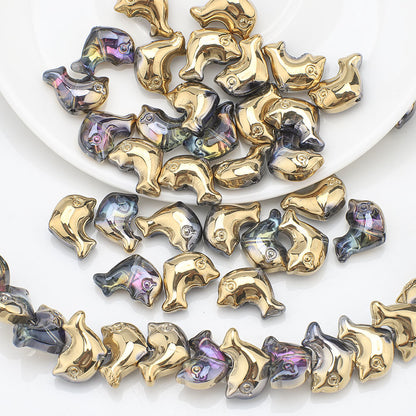 Plating 3D Dolphin Glass Beads 11x16mm Iridescent Colors 30pcs 11