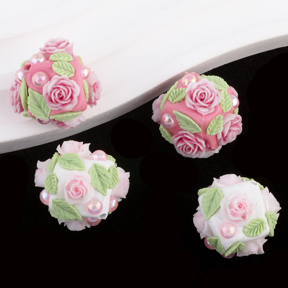 Flower Clay Beads 21mm Fresh Floral Ball Pastel Colors 6pcs