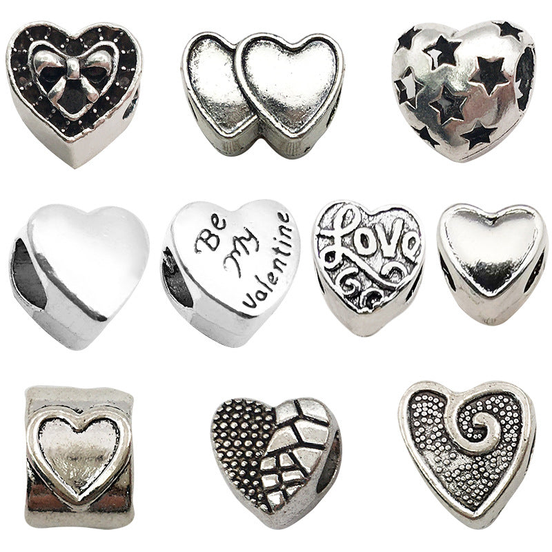 Heart Metal Beads Large Hole Metallic Silver Tone 30pcs 5
