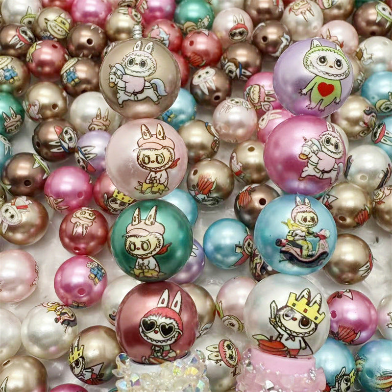 Pearl Round Acrylic Beads 16mm Labub Printed Mixed Colors 100pcs