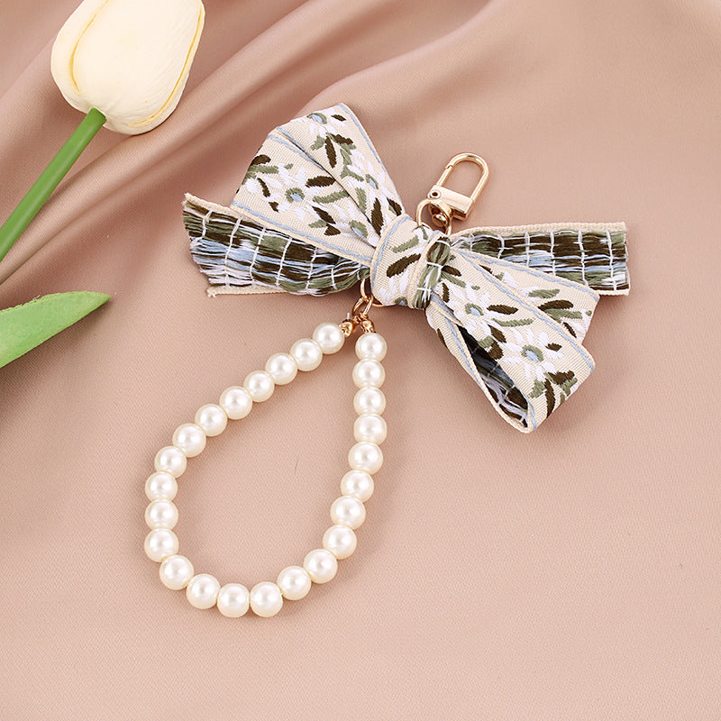 Fabric Woven Pearl Bow Keychain Vintage Floral Accessory 8