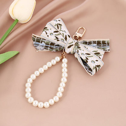Fabric Woven Pearl Bow Keychain Vintage Floral Accessory 8