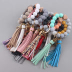 Silicone Beaded Wristlet Keychain with Leather PU Tassel in Pastel Colors 2