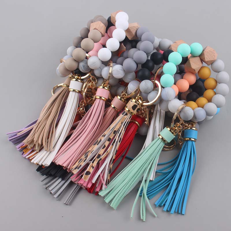 Silicone Beaded Wristlet Keychain with Leather PU Tassel in Pastel Colors 2