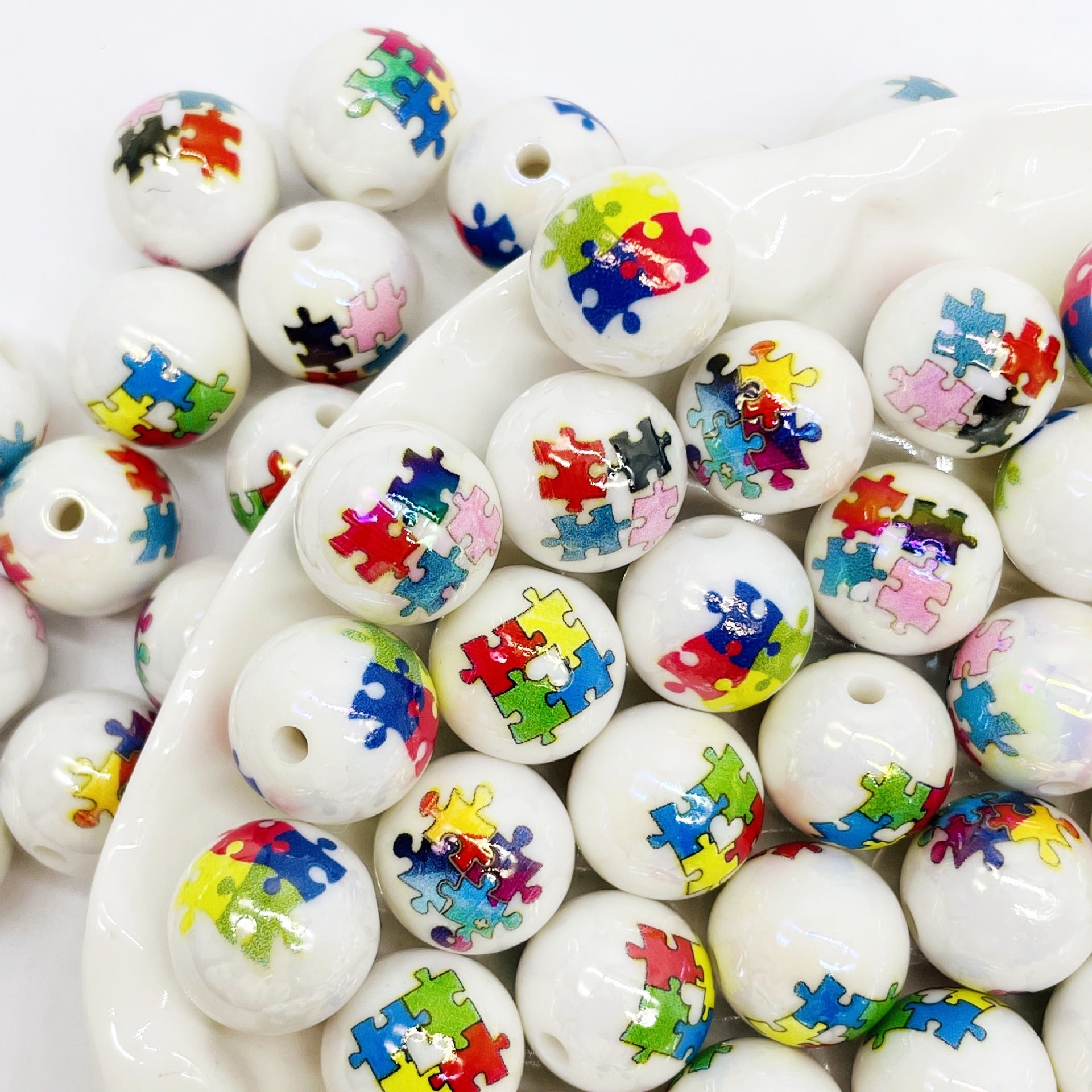 Plating Round Acrylic Beads 16mm Colorful Jigsaw Puzzle Pattern 50pcs