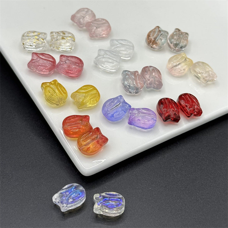 Tulip Transparent Glass Beads 12mm Pink Green Floral 100pcs 4