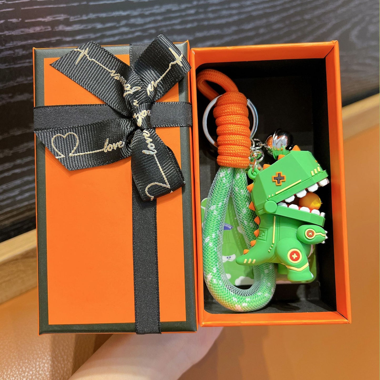 Soft Rubber Dinosaur Keychain with Open Jaw and Yellow Duck Charm 4