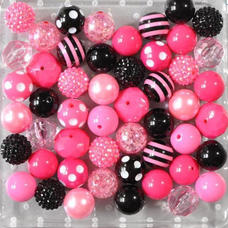 Bubblegum Beads 20mm Black Rose Pink Rhinestone Striped Polka Chunky Mix 50pcs